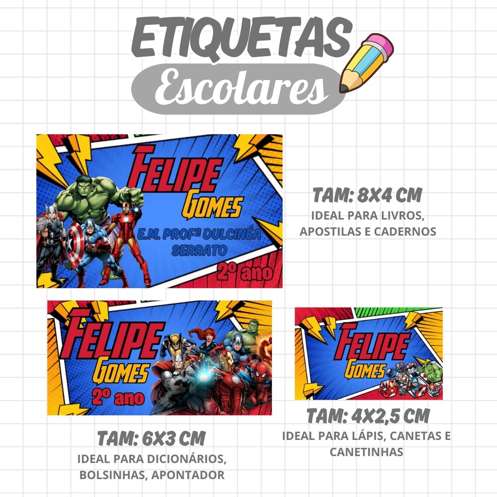 Kit Digital Etiqueta escolar para imprimir  Os vingadores V7 EE