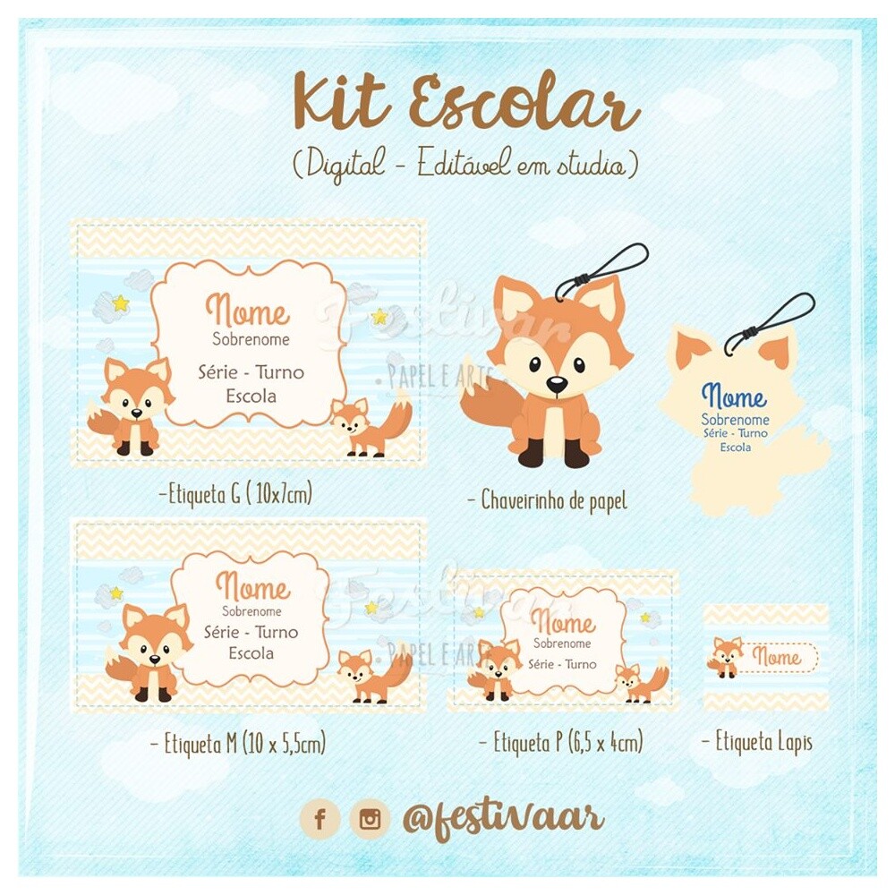 Kit Digital Etiqueta escolar para imprimir  Raposa EE V2