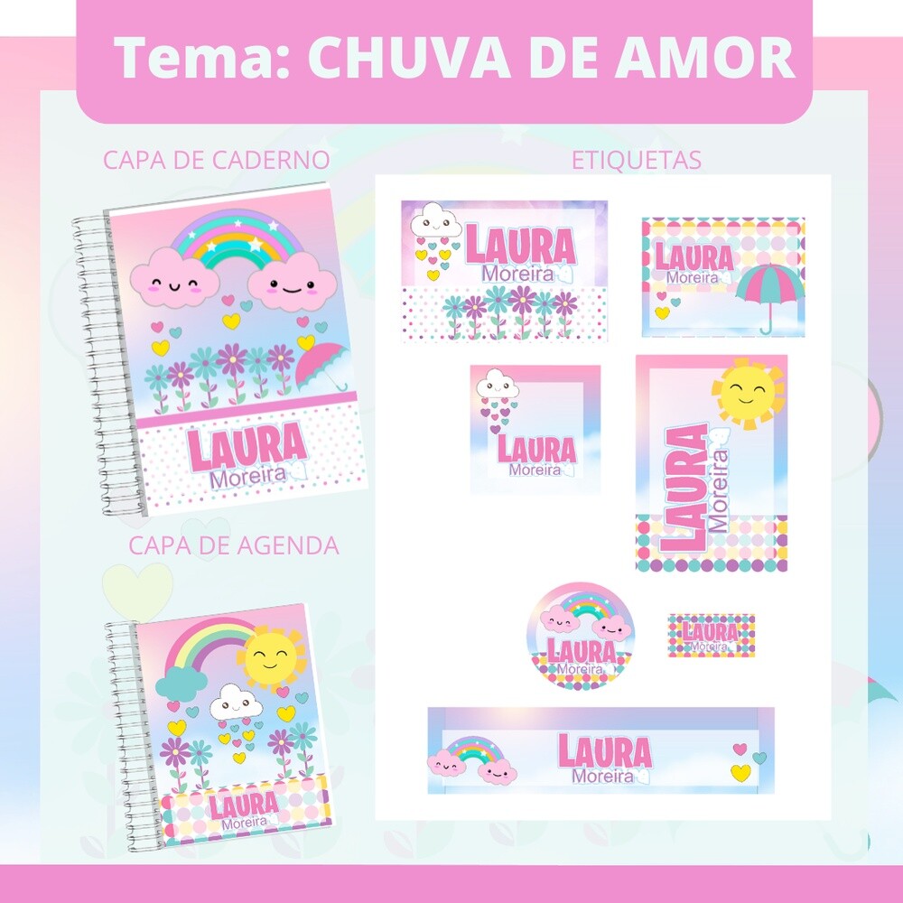 Kit Digital Etiqueta escolar para imprimir  Chuva de Amor V3 EE