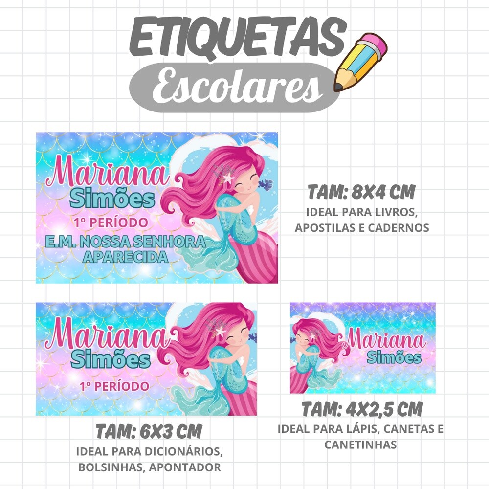 Kit Digital Etiqueta escolar para imprimir Sereia EE v10