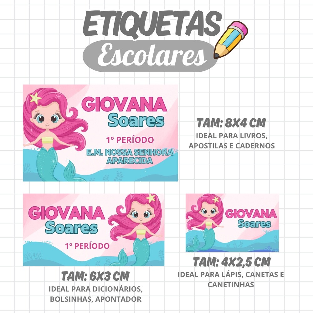 Kit Digital Etiqueta escolar para imprimir Sereia EE v11