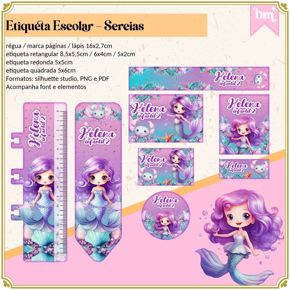 Kit Digital Etiqueta escolar para imprimir Sereia EE v15