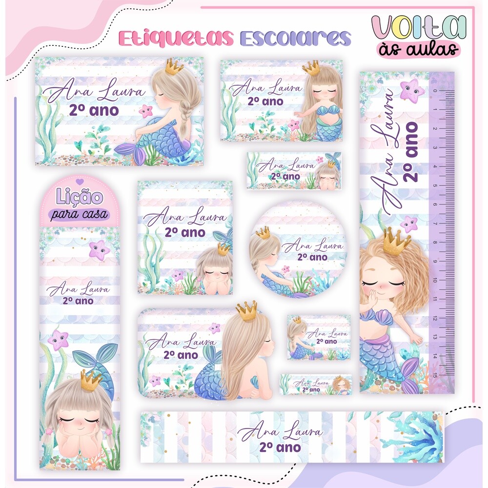 Kit Digital Etiqueta escolar para imprimir Sereia EE v5