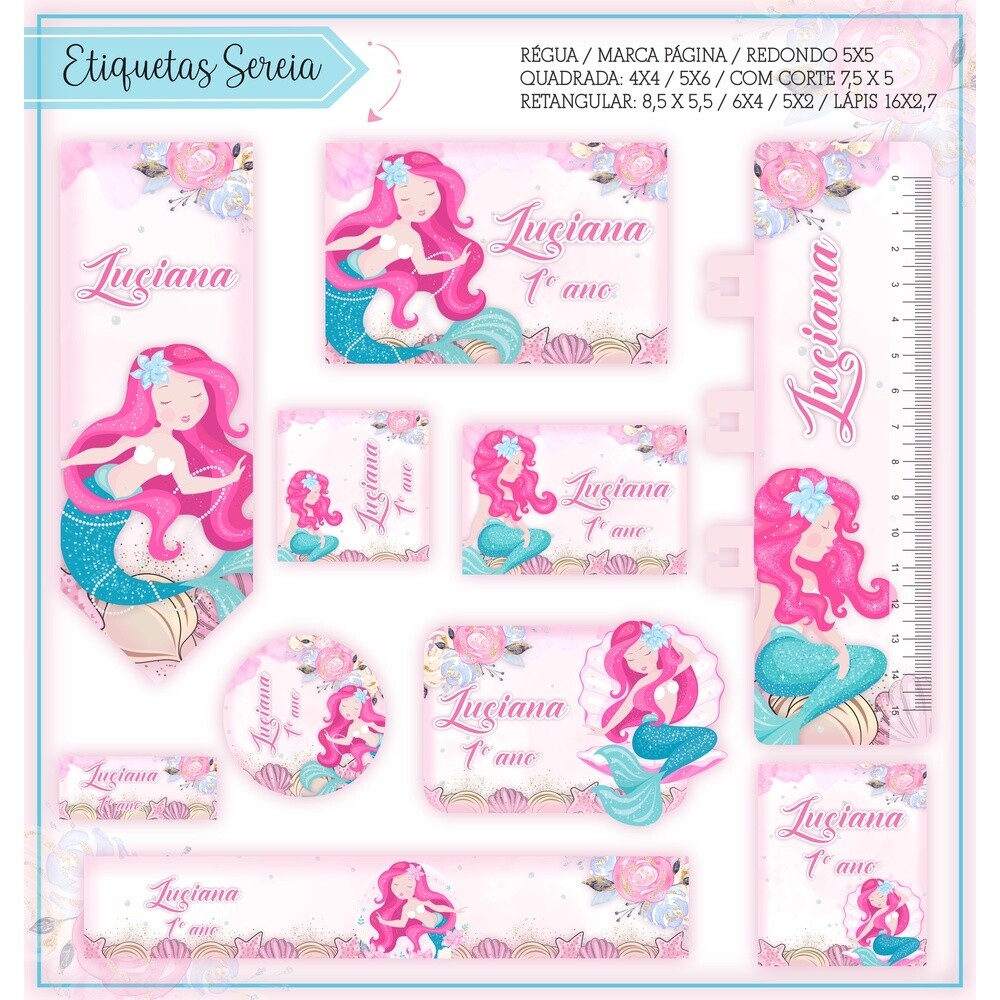 Kit Digital Etiqueta escolar para imprimir Sereia EE v7