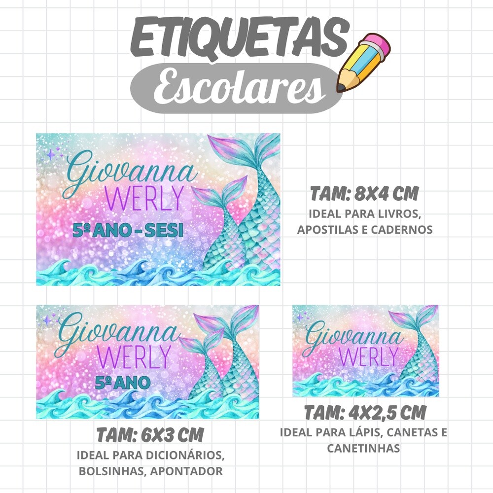 Kit Digital Etiqueta escolar para imprimir Sereia EE v9