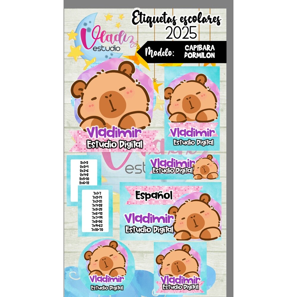 Kit Digital Etiqueta Escolar Capivara dormindo