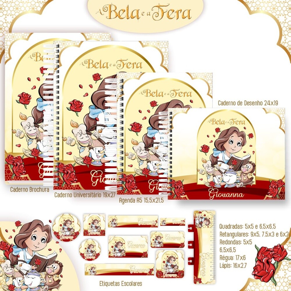 Kit Digital Etiqueta escolar para imprimir  a Bela e a Fera v4 EE