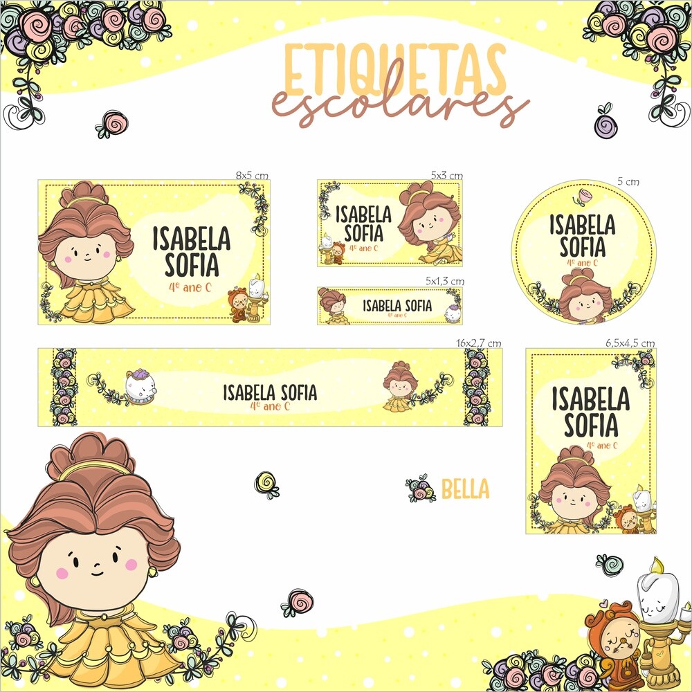 Kit Digital Etiqueta escolar para imprimir  a Bela e a Fera v5 EE