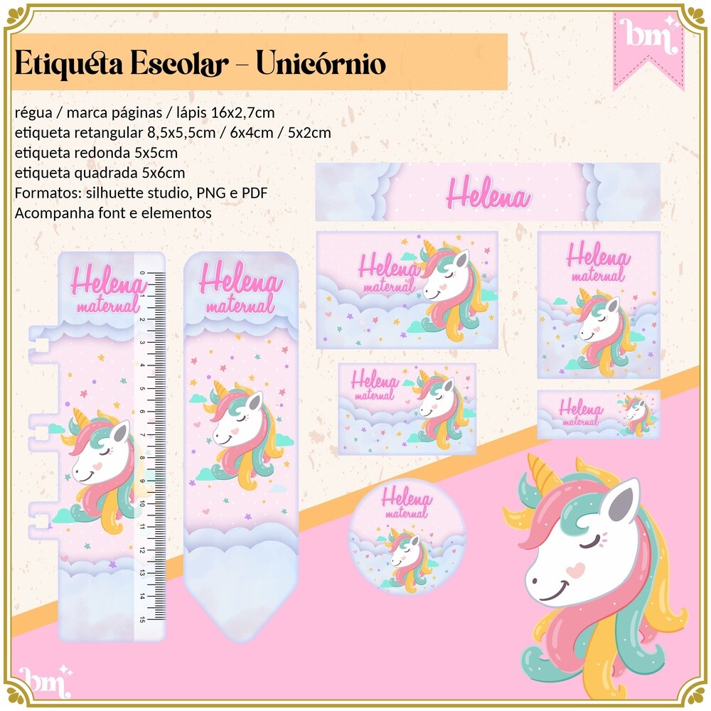 Kit Digital Etiqueta escolar para imprimir  Unicornio V26 EE