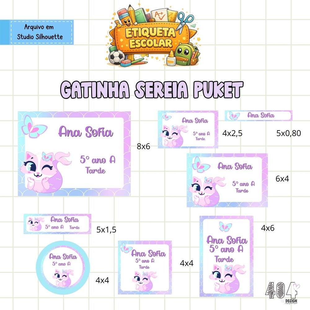 Kit Digital Etiqueta escolar Gatinha sereia puket