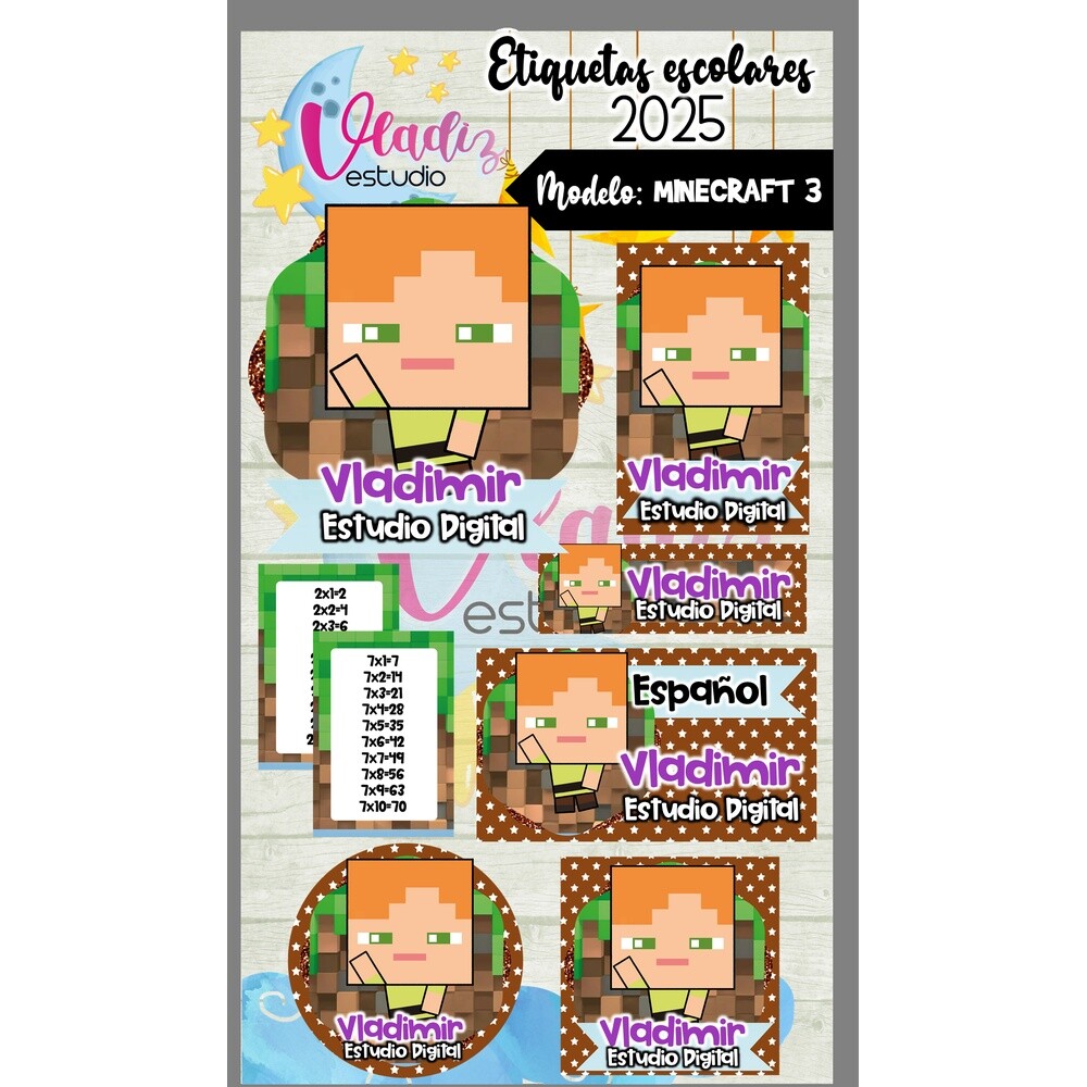 Kit Digital Etiqueta Escolar MINECRAFT 3