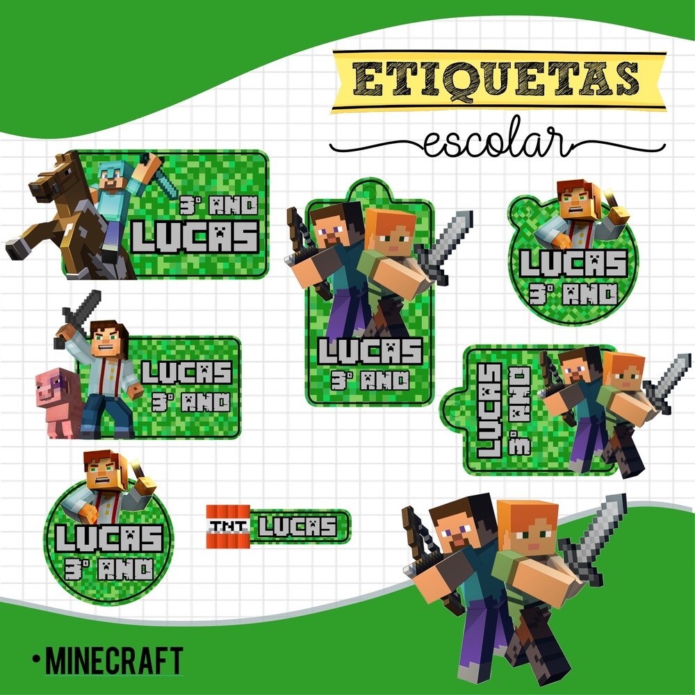 Kit Digital Etiqueta escolar para imprimir  Minecraft EE V1