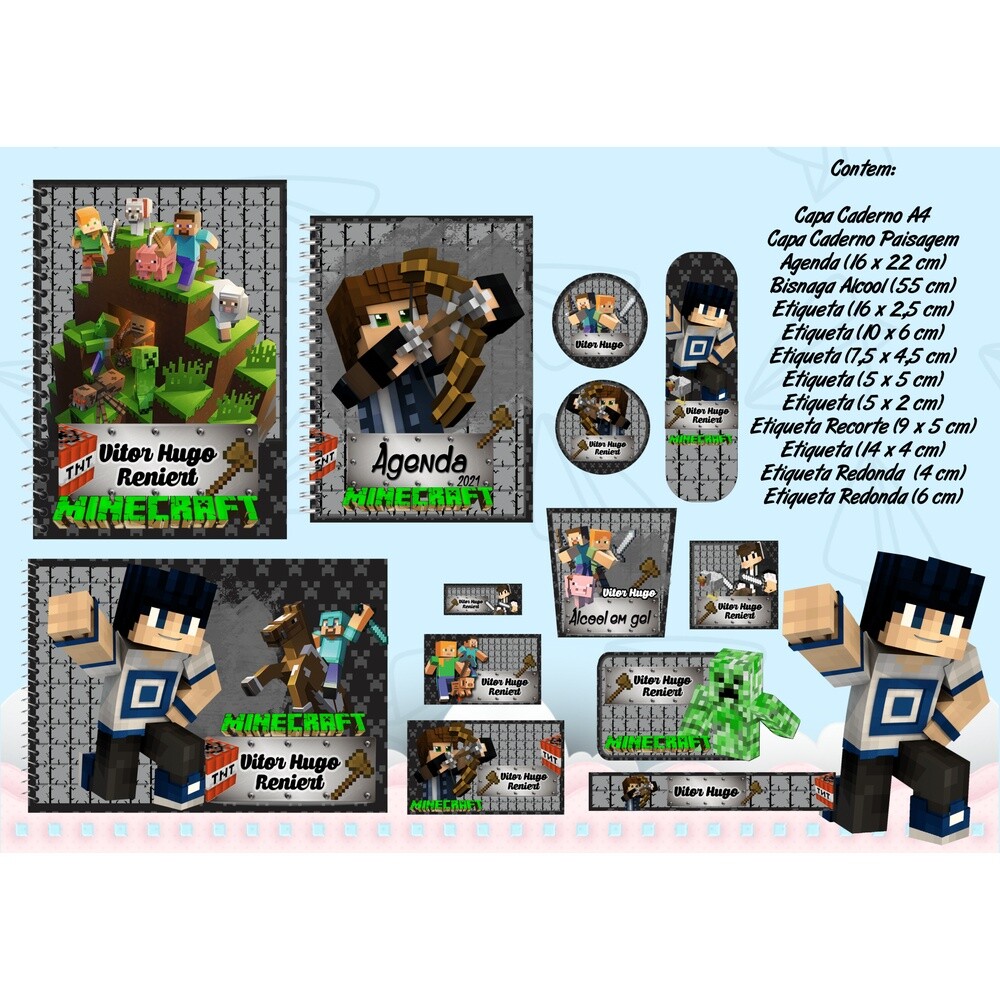 Kit Digital Etiqueta escolar para imprimir  Minecraft EE V5
