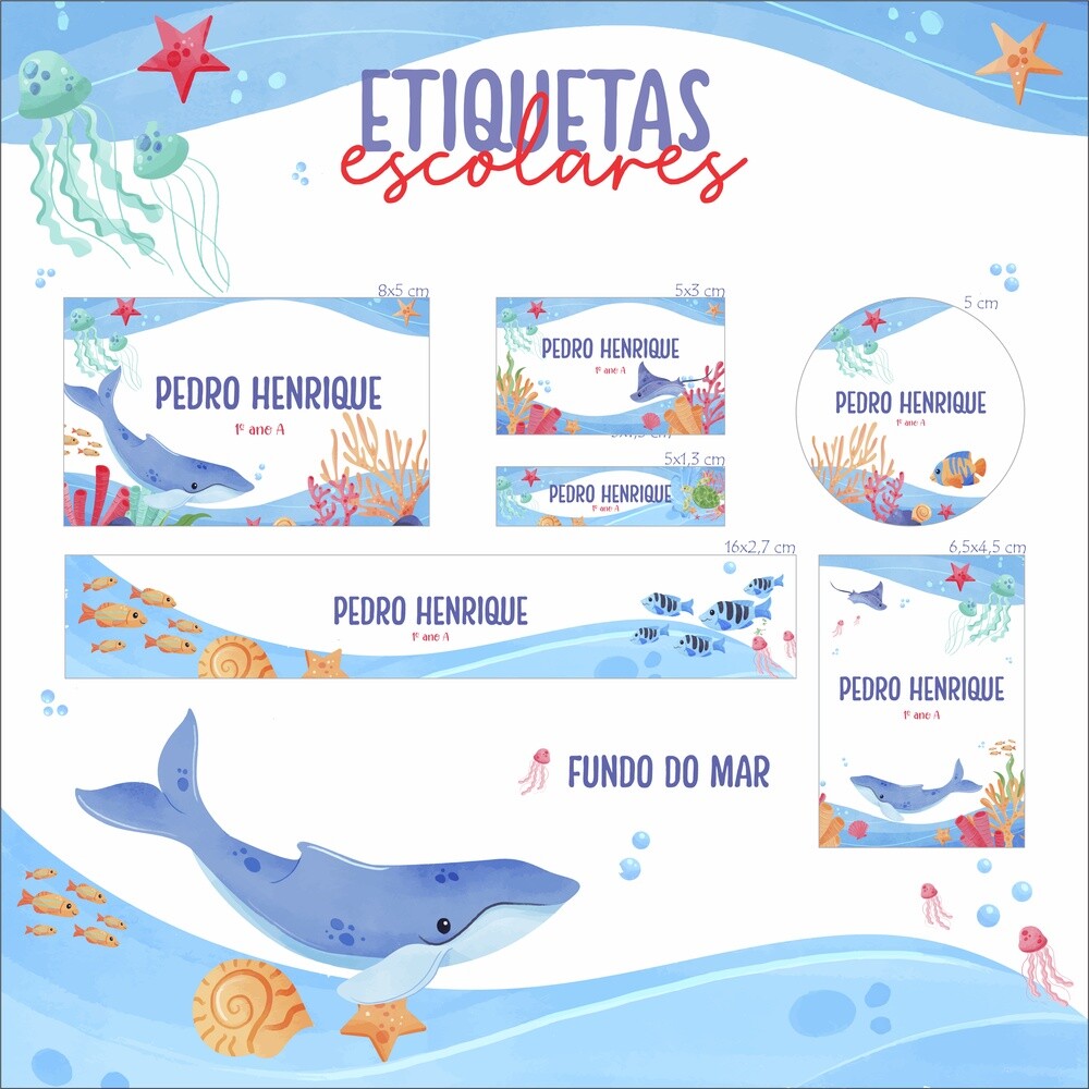 Kit Digital Etiqueta escolar para imprimir  V2 EE Fundo do mar