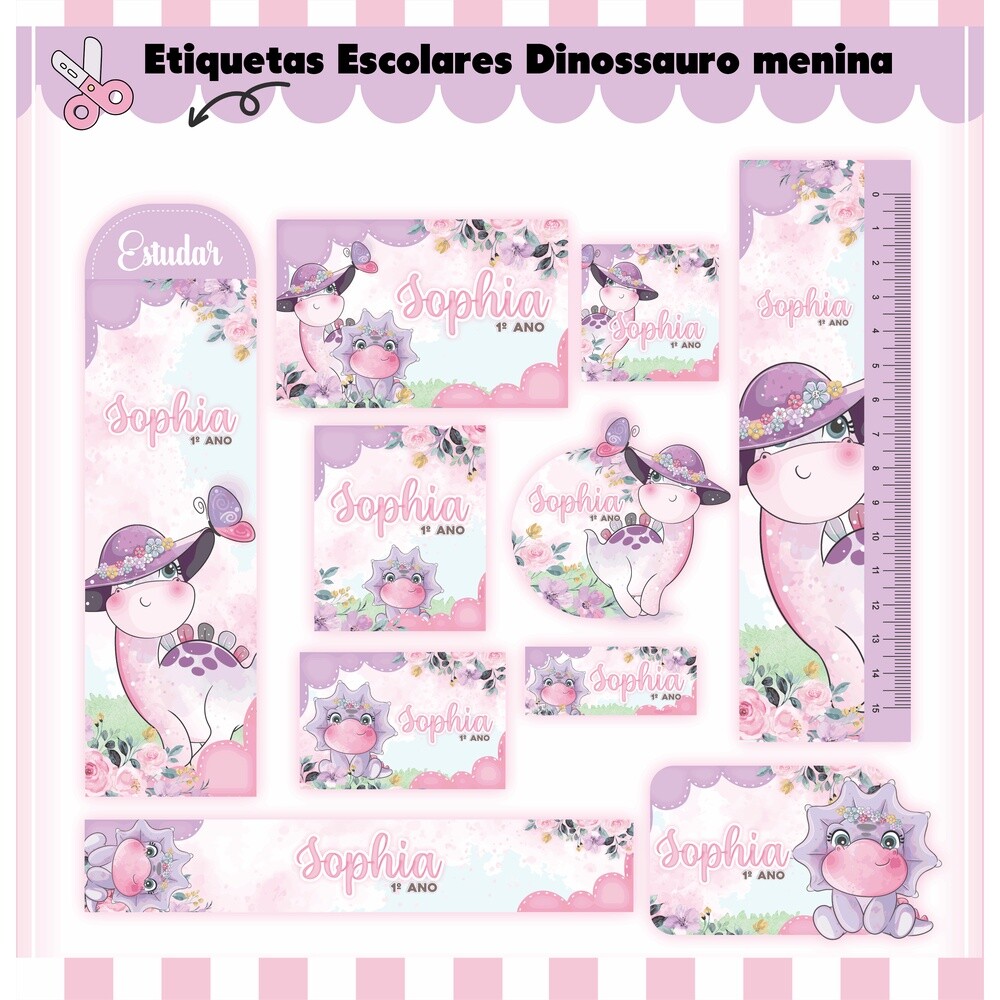 Kit Digital Etiqueta escolar para imprimir  V1 Niña EE Dinossaur