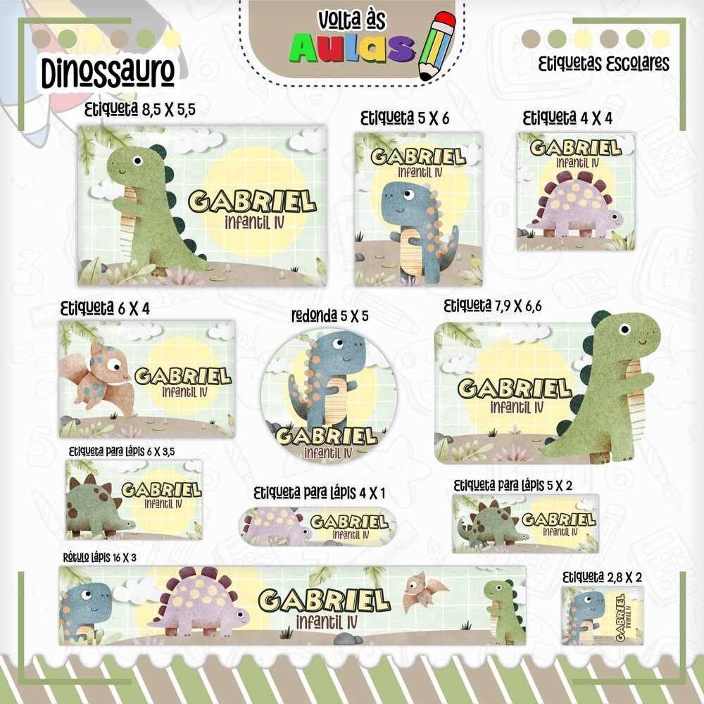 Kit Digital Etiqueta escolar para imprimir  V18 EE Dinossauro