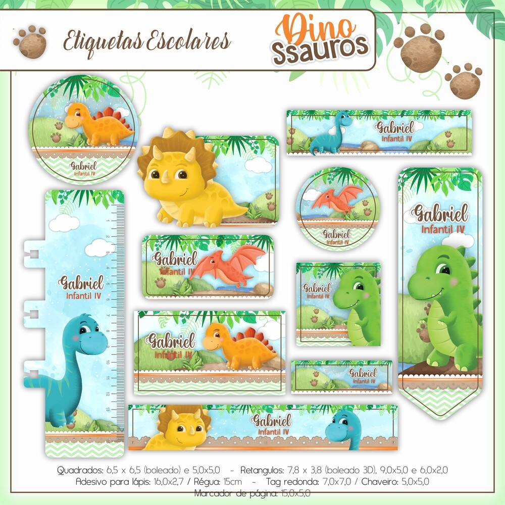 Kit Digital Etiqueta escolar para imprimir  V8 EE Dinossauro