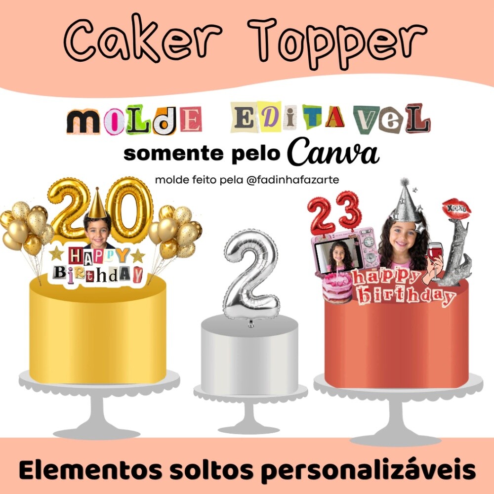 Arquivo editavel pelo canva Molde Cake Topper