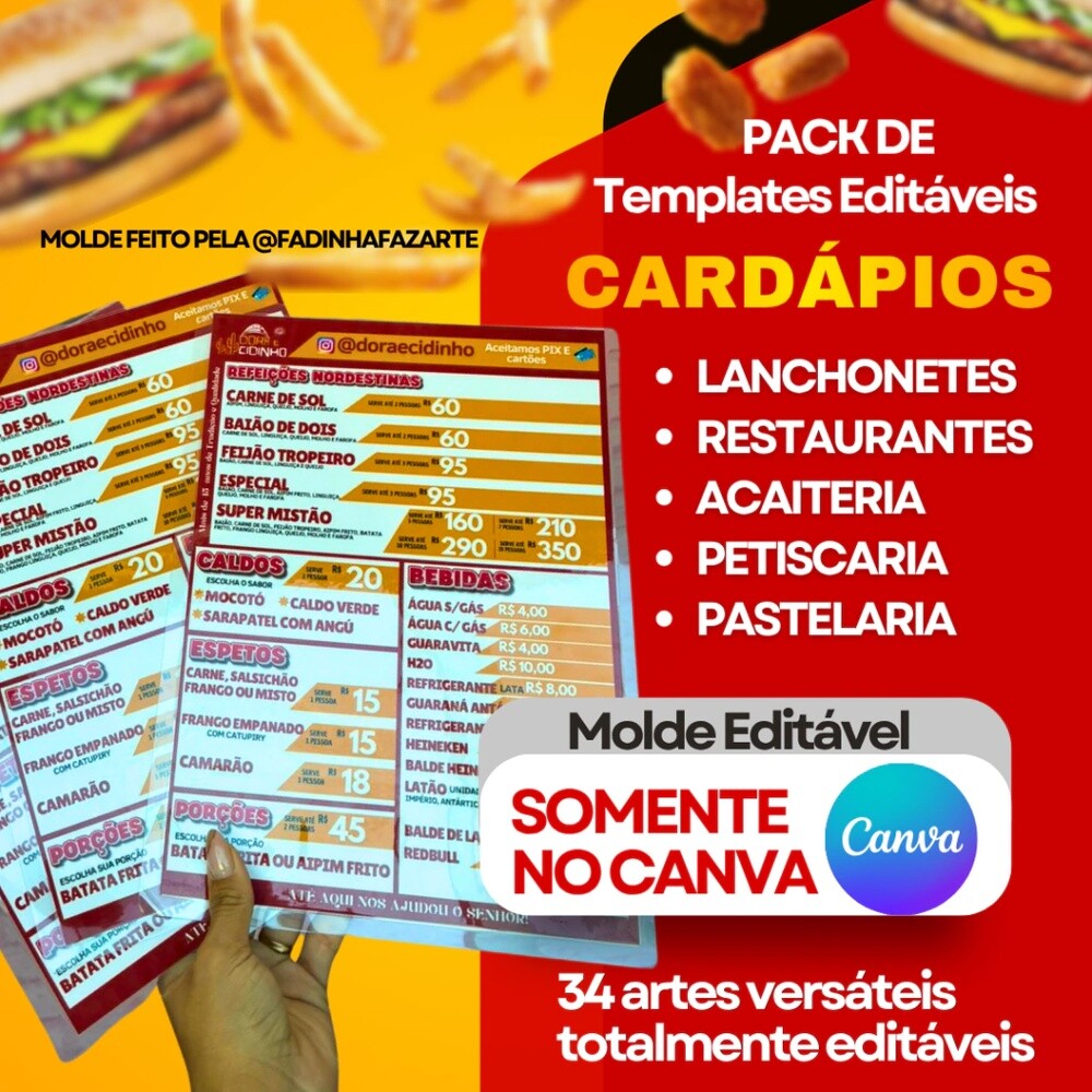 Pack 34 Templates de Cardápios Editáveis no Canva