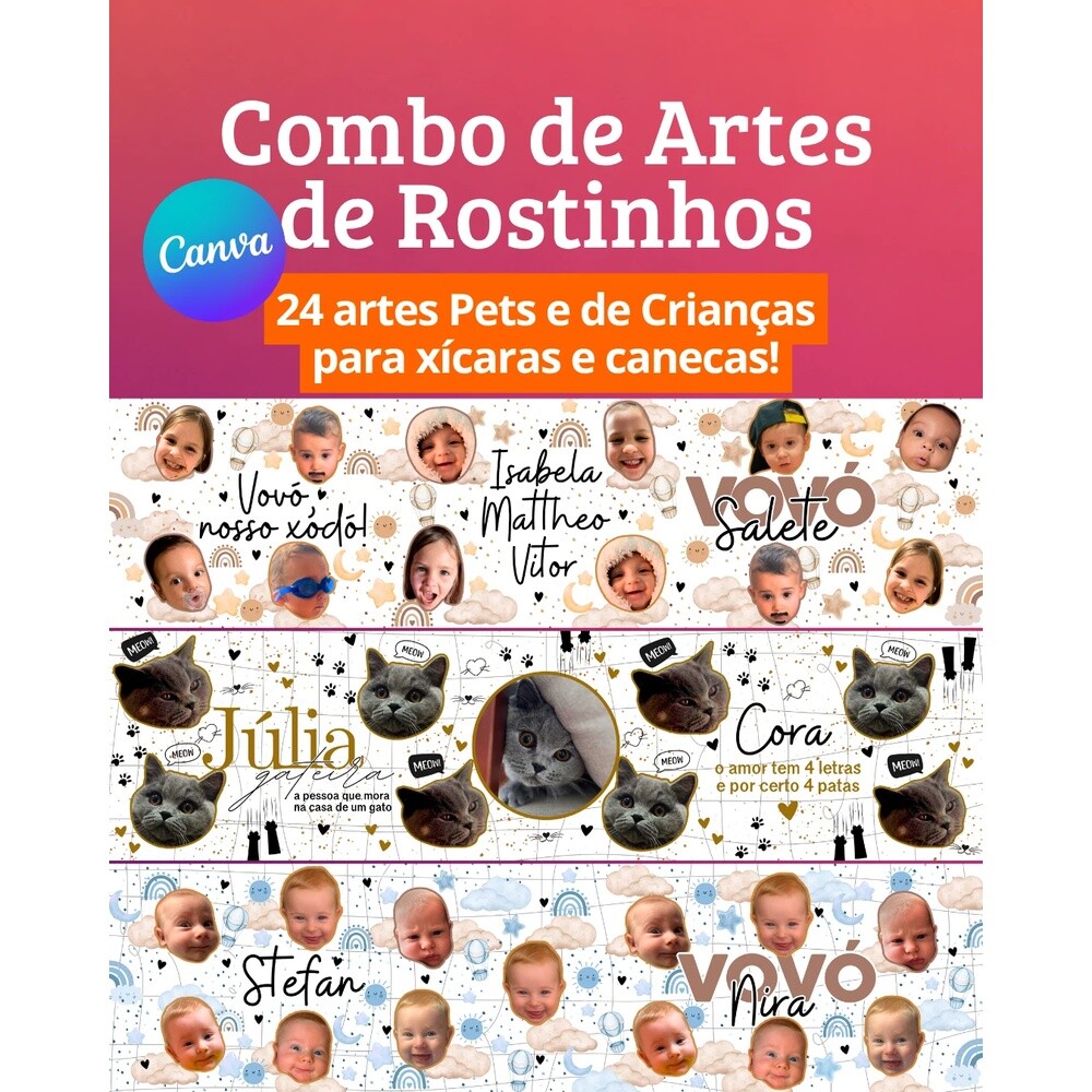 Editavel no Canva Combo de Artes-Rostinhos - artes de canecas ( D