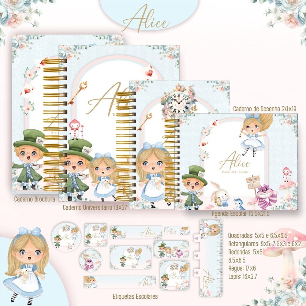 Kit Completo escolar encadernação Alice no pais das maravilhas 