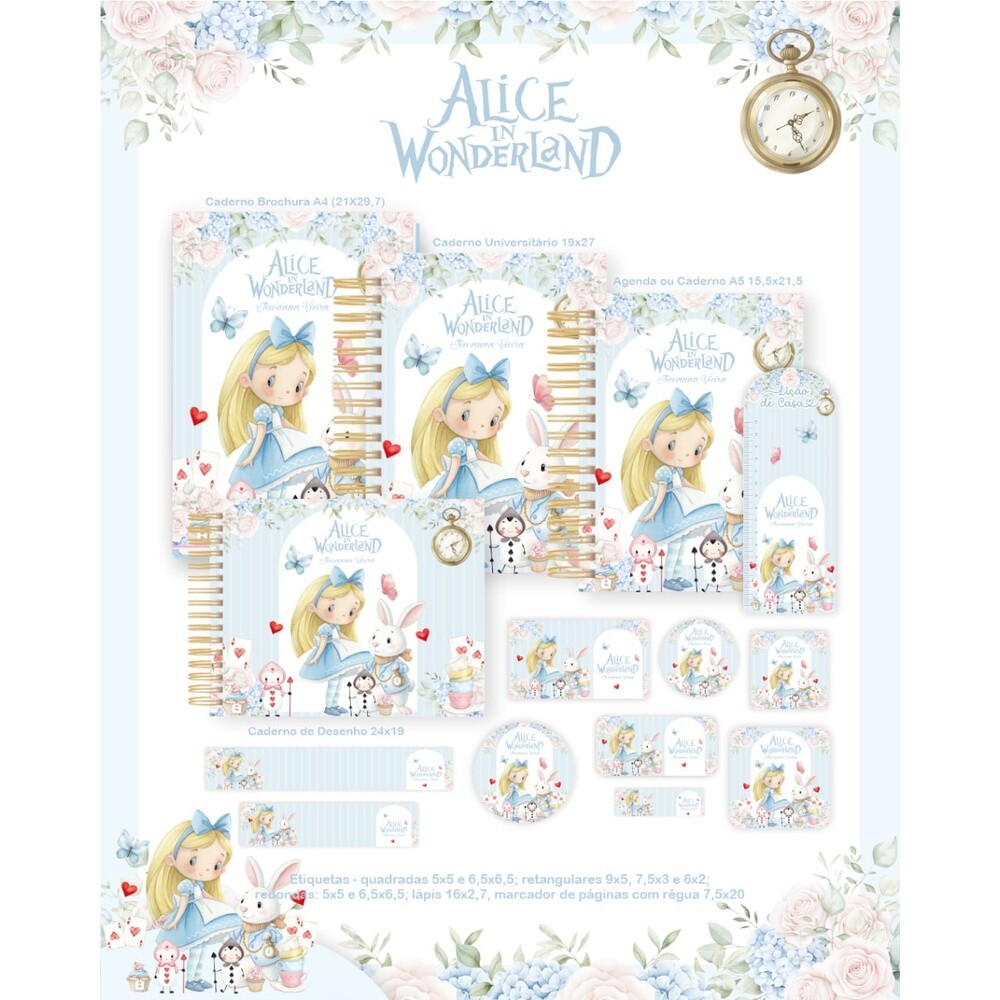 Kit Completo escolar encadernação Alice no pais das maravilhas 