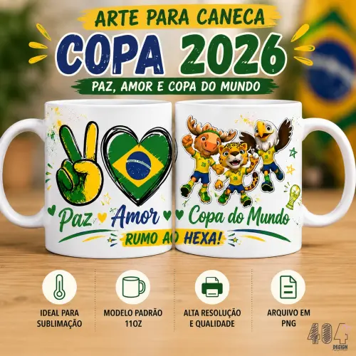 Arte para caneca copa do mundo 2026 - paz amor e copa do mundo