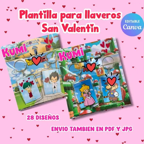 Modelo de chaveiro para o Dia dos Namorados para imprimir e editar no Canva, com diversos personagens