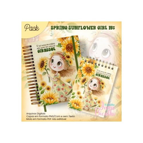 Arquivo Digital Caderno Pautado A5+Bloquinho A6 Spring Sunflower Girl N5