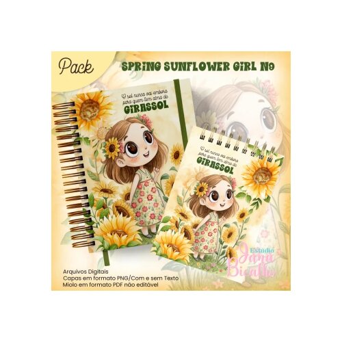 Arquivo Digital Caderno Pautado A5+Bloquinho A6 Spring Sunflower Girl N9