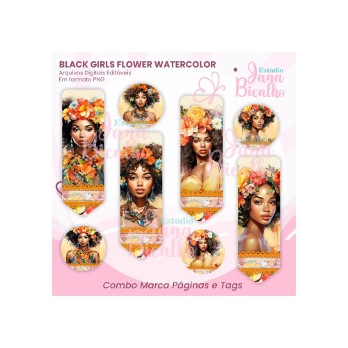Arquivo Digital Combo Marca Páginas e Tags Black Girls Flower Watercolor