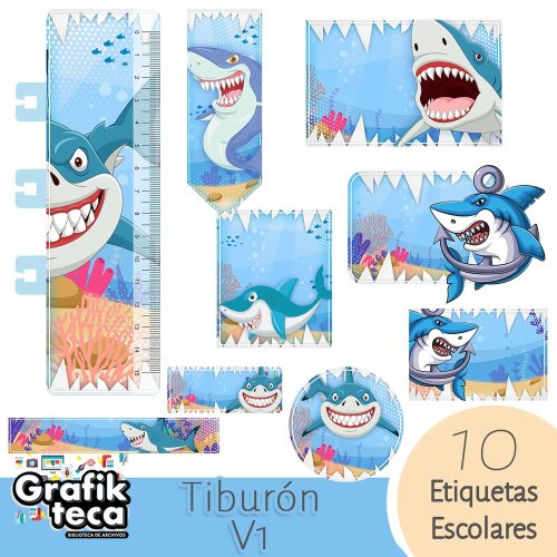 Kit Digital Etiqueta escolar para imprimir Tubarão V1 EE