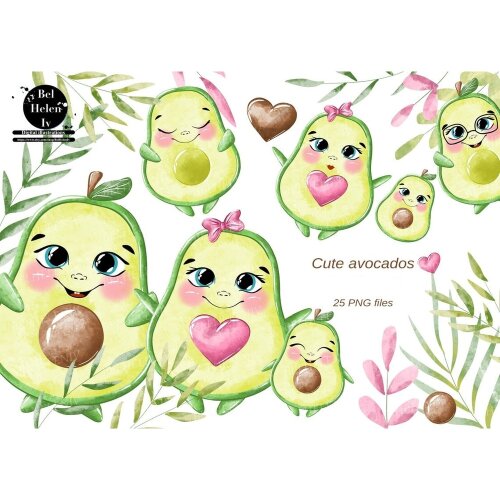 Kit Digital abacatudo abacate cute watercolor aquerela, png, clipart, fundo transparente 23