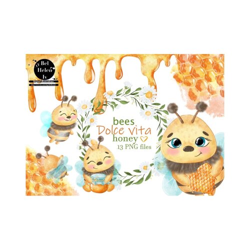 Kit Digital abelha cute watercolor aquerela, png, clipart, fundo transparente 23