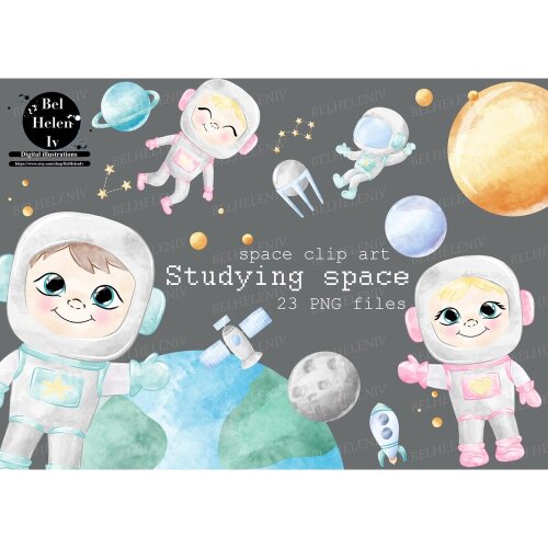 Kit Digital atronauta cute watercolor aquerela, png, clipart, fundo transparente 23