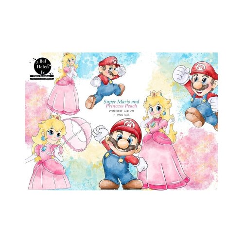 Kit Digital cute super mario e princesa peach watercolor aquerela, png, clipart, fundo transparente 24