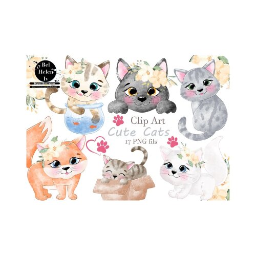 Kit Digital gatos cute watercolor aquerela, png, clipart, fundo transparente 23