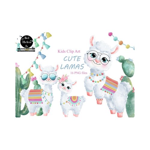 Kit Digital lhamas watercolor aquerela, png, clipart, fundo transparente 23