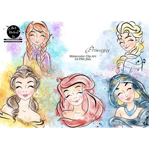 Kit Digital rosto princesas watercolor aquerela, png, clipart, fundo transparente 23