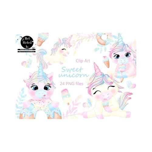 Kit Digital sonho de unicornio cute watercolor aquerela, png, clipart, fundo transparente 23