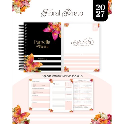 Pack Encadernação 2027 , Agenda, Planner, Calendário 8) FLORAL PRETO