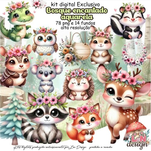 Kit Digital Papelaria Personalizada png Bosque Encantado Aquarela ( Drive da Ana)