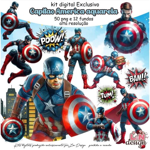 Kit Digital Papelaria Personalizada png Capitão América Aquarela ( Drive da Ana)