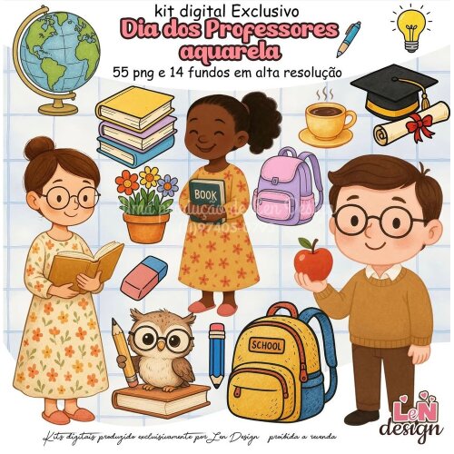 Kit Digital Papelaria Personalizada png Dia dos Professores Aquarela ( Drive da Ana)