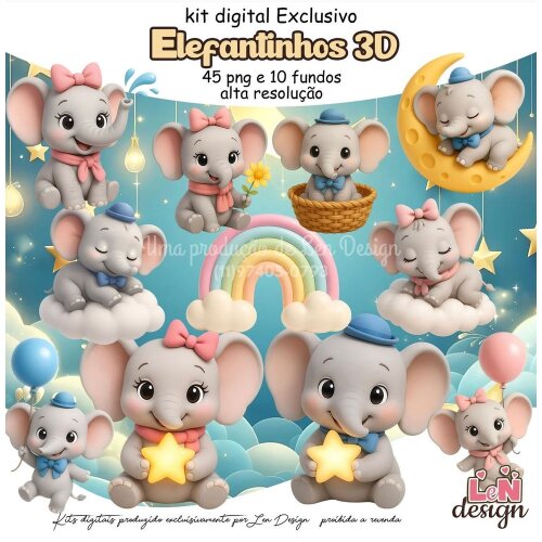 Kit Digital Papelaria Personalizada png Elefantinhos 3D ( Drive da Ana)
