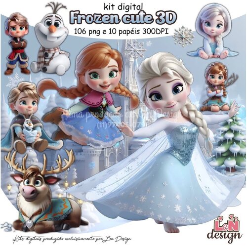 Kit Digital Papelaria Personalizada png Frozen Cute 3D ( Drive da Ana)