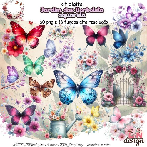 Kit Digital Papelaria Personalizada png Jardim das Borboletas Aquarela ( Drive da Ana)