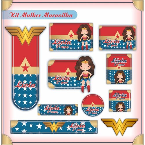 Kit Digital Etiqueta escolar para imprimir  Mulher Maravilha V1 EE
