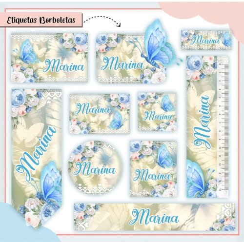 Kit Digital Etiqueta escolar para imprimir  Borboletas V1 Azul EE