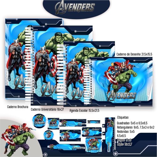 Kit Digital Etiqueta escolar para imprimir  Os vingadores V6 EE